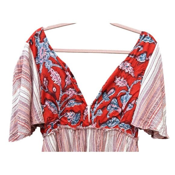 Free People Under The Sun Womens RedWhite Boho StripedFloral Tunic  Mini Dress M - Picture 2 of 8